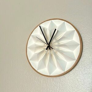 Origami wall clock white - unique, sturdy paper clock with wooden frame